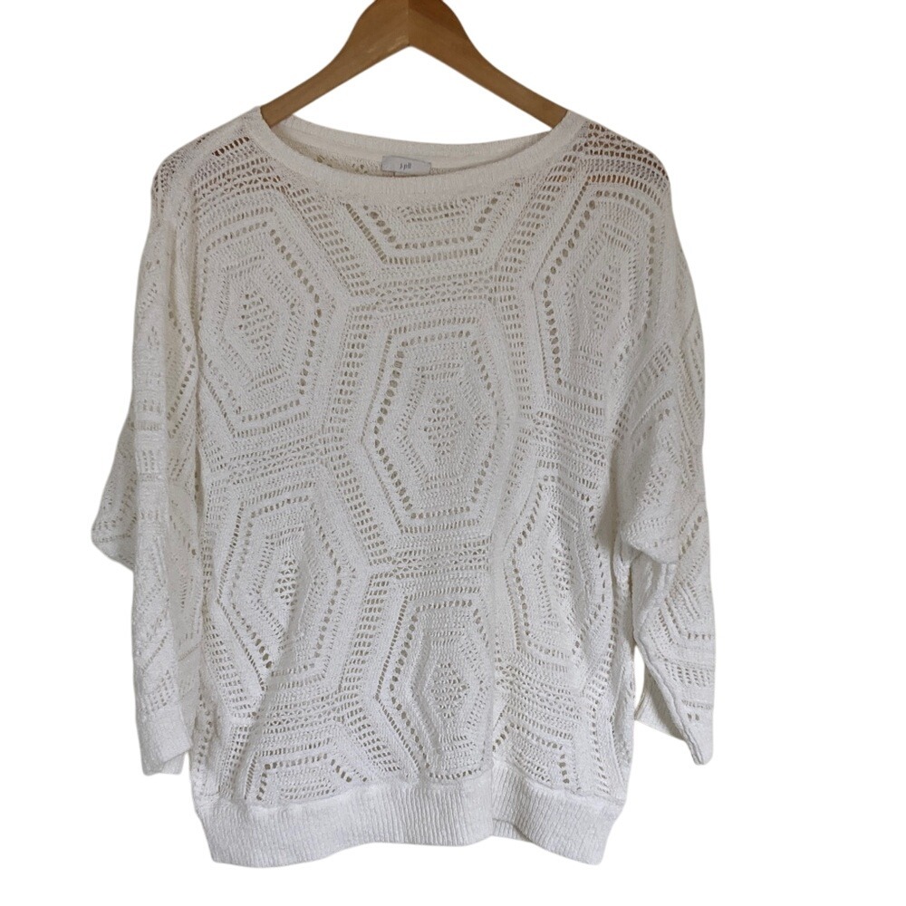 J Jill‎ Womens White Geometric Open Knit Sweater Size Medium 3/4 Sleeve Coastal